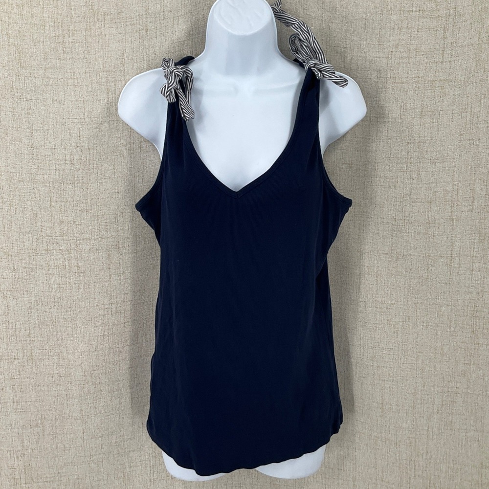 Crown & Ivy Tank Top Womens Medium Navy Blue Ribbed Tie Shoulder Preppy Coastal